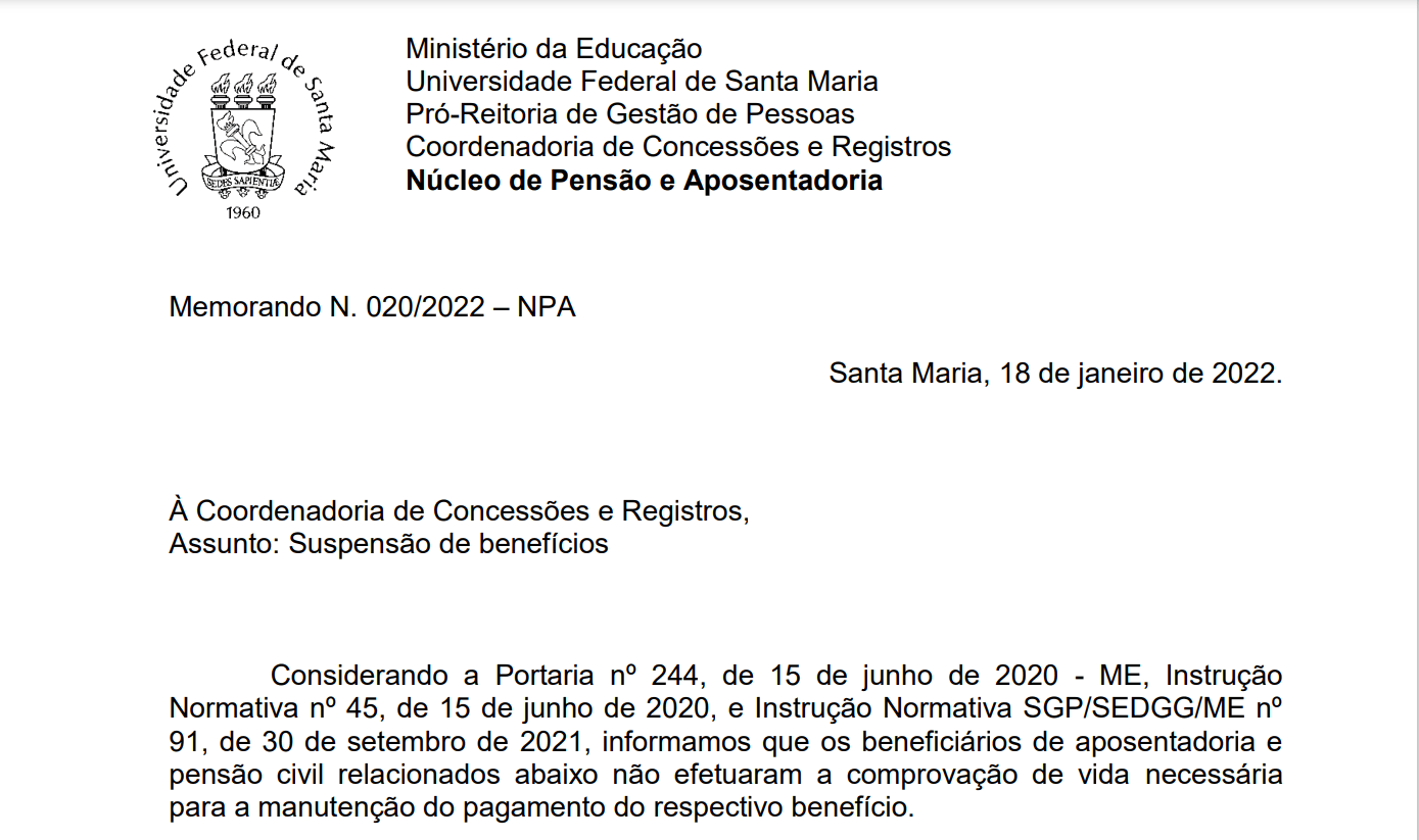 ATENÇÃO: Núcleo de Pensão e Aposentadoria da UFSM divulga lista de aposentados(as) e pensionistas que não realizaram a prova de vida
