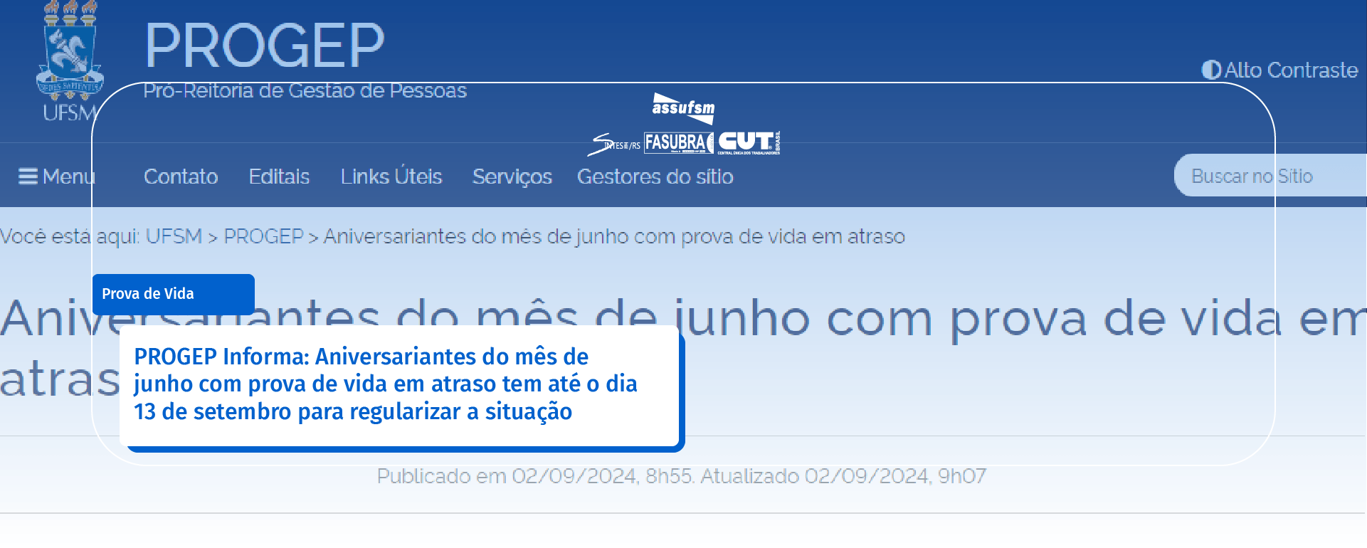 PROGEP Informa: Aniversariantes do mês de junho com prova de vida em atraso tem até o dia 13 de setembro para regularizar a situação