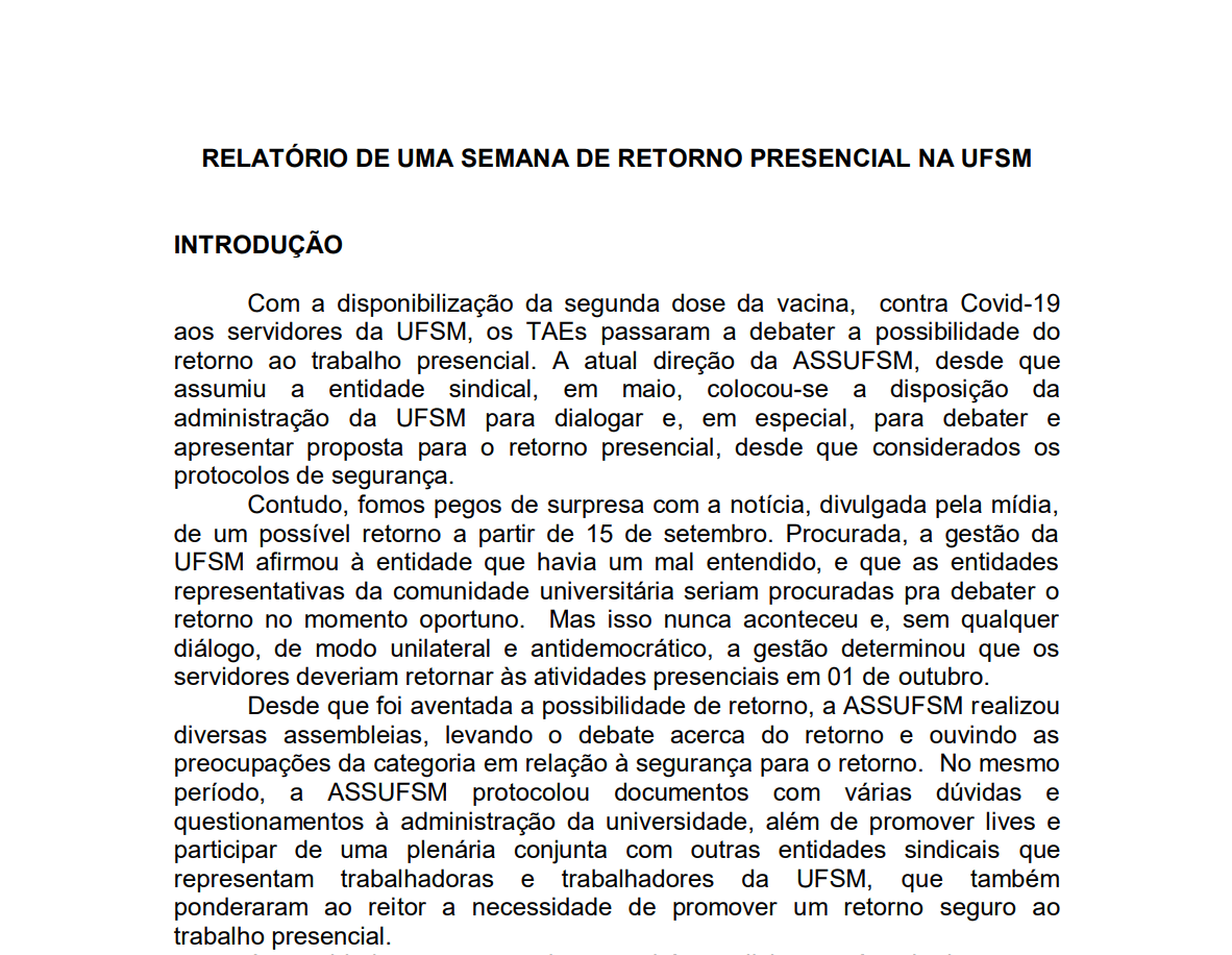 Assufsm envia relatório à Reitoria da UFSM sobre retorno presencial