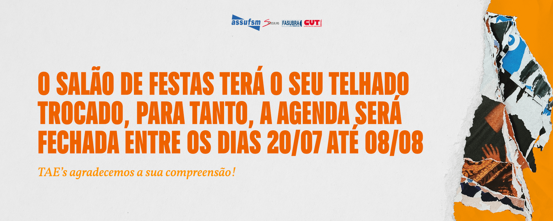 Assufsm informa que salão de festas ficará fechado para melhorias por um curto período