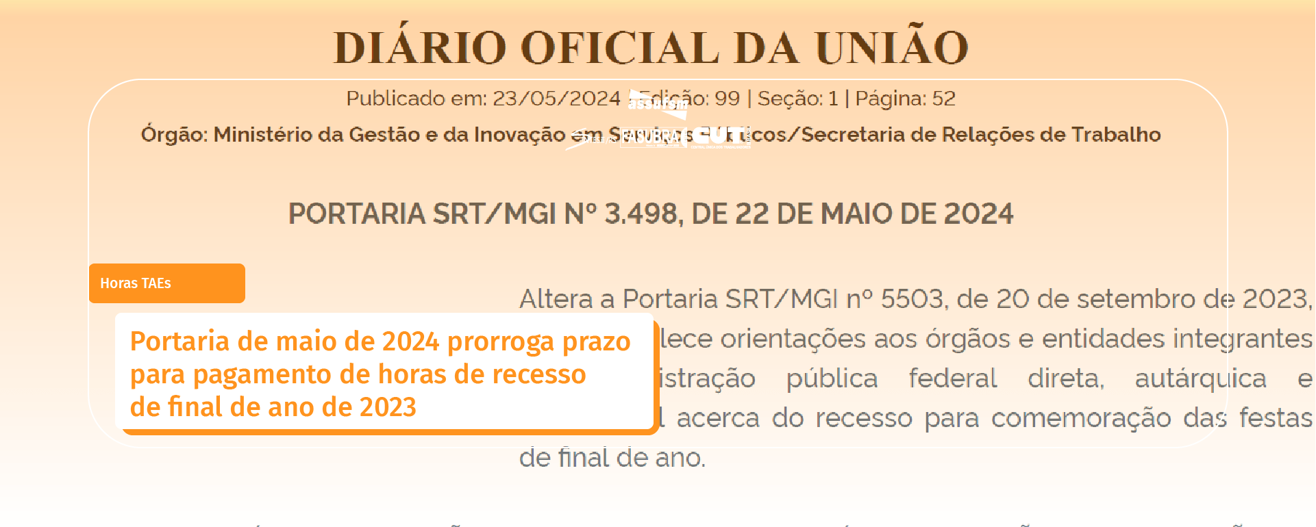 Portaria de maio de 2024 prorroga prazo para pagamento de horas de recesso de final de ano de 2023