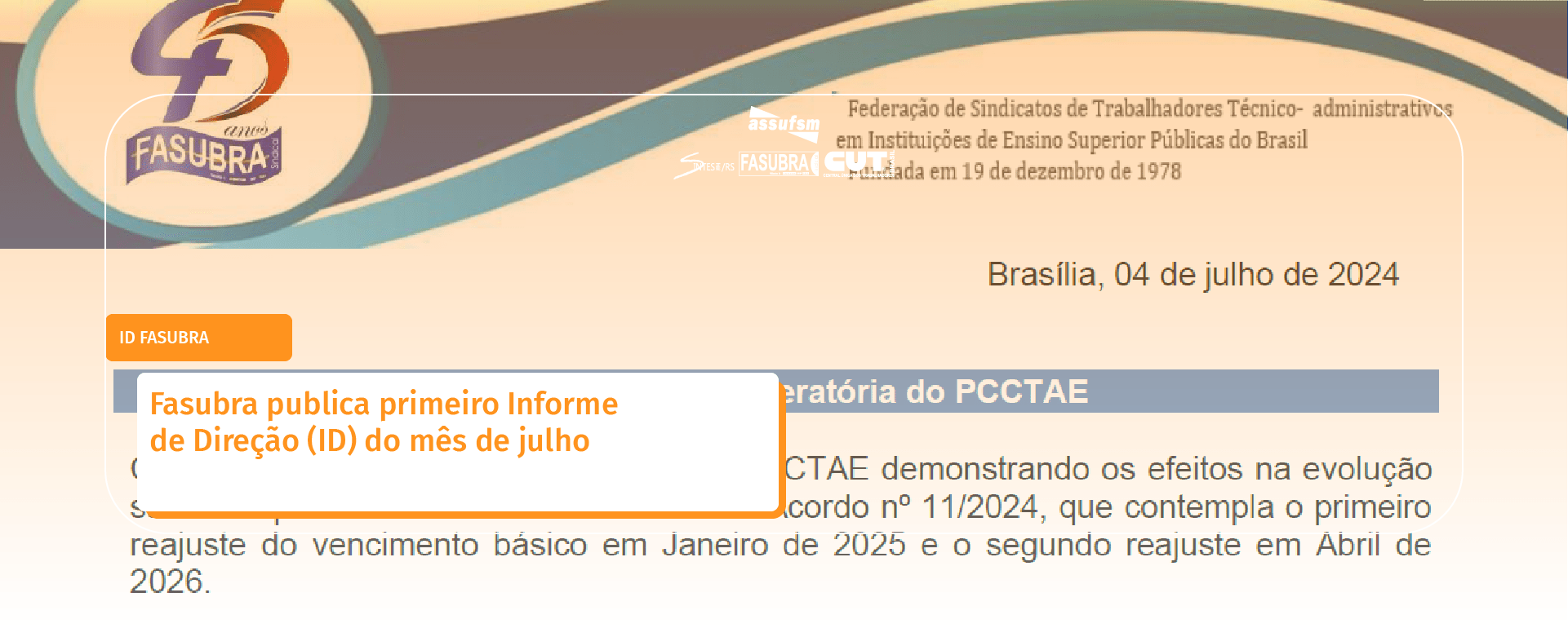 Fasubra publica primeiro Informe de Direção (ID) do mês de julho