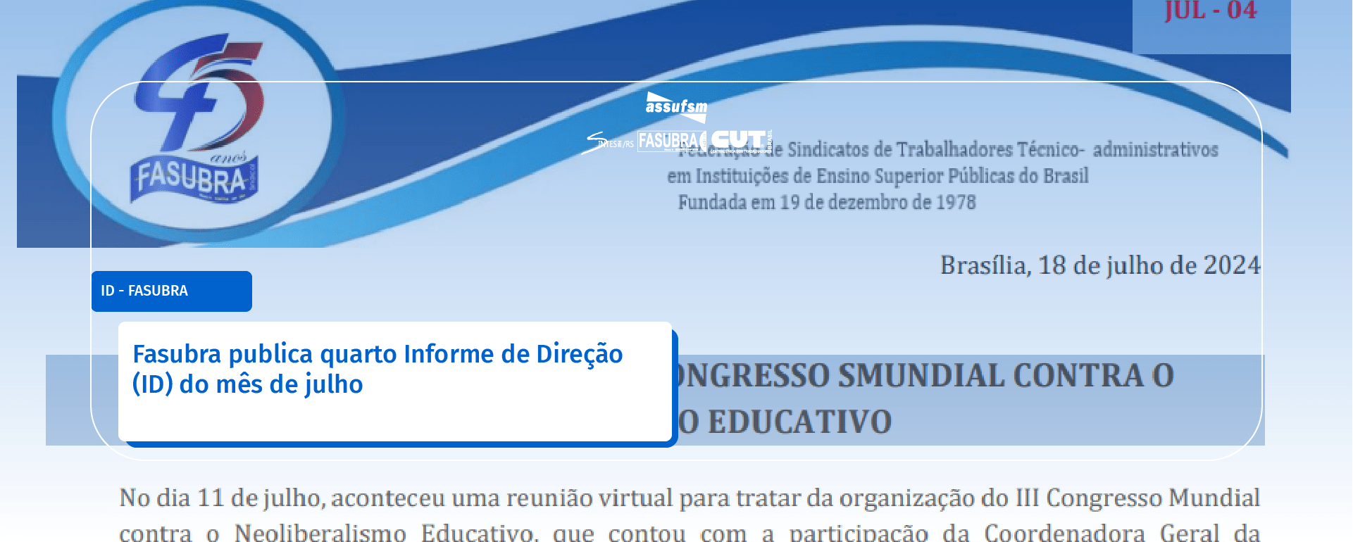 Fasubra publica quarto Informe de Direção (ID) do mês de julho