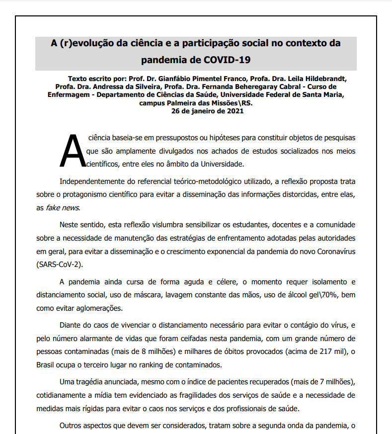 Docentes da UFSM-PM divulgam texto sobre a participação social da Ciência no contexto da pandemia de Covid-19